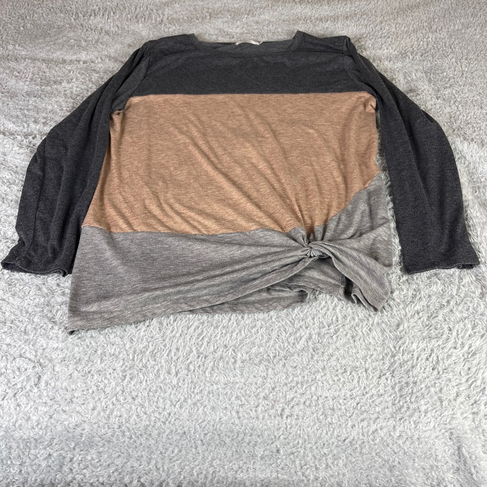 SHIBEVER Womens Colorblock Long Sleeve Front Knot Top Gray Tan Casual Shirt